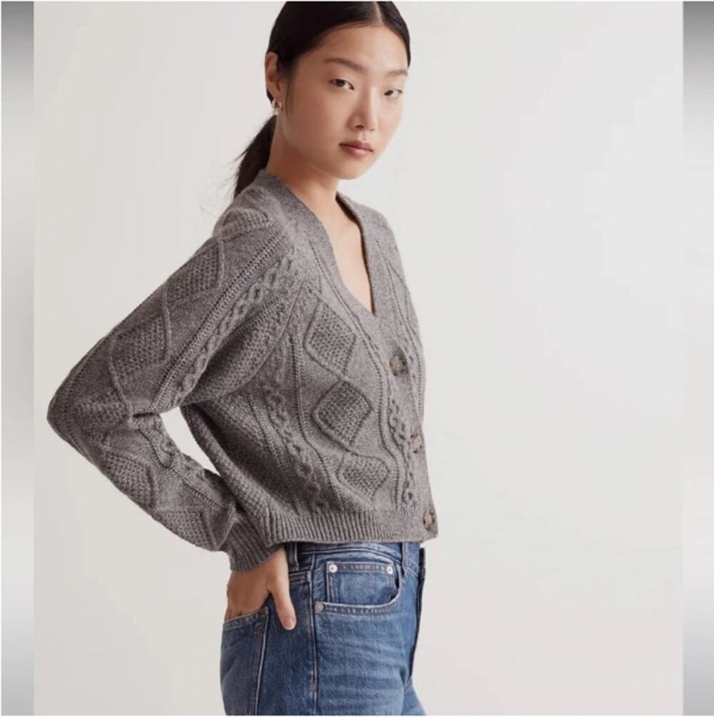 Madewell Shimmer Lurex Sahara Cable-Knit Cropped Cardigan Sweater Gray Size S